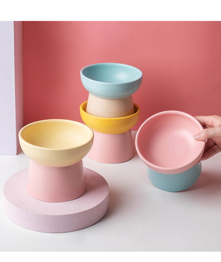 Wholesale of color-blocking ceramic cat bowls with high legs to protect the cervical vertebrae, cat food bowls, cat and dog basins, drinking bowls, and pet snack bowls pic 11