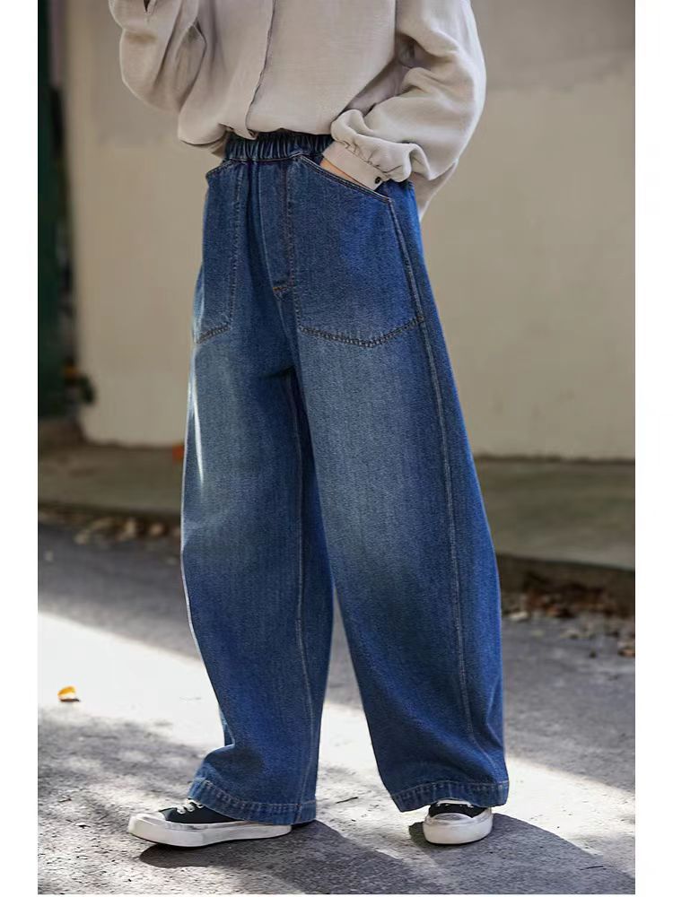 2025新款秋冬海蓝色纯棉加厚宽松休闲文艺阔腿裤松紧腰弯刀牛仔裤详情8