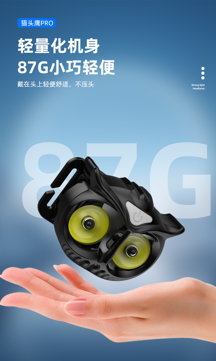 跨境猫头鹰强光感应头灯LED迷你便携户外露营骑行长续航警示头灯详情6