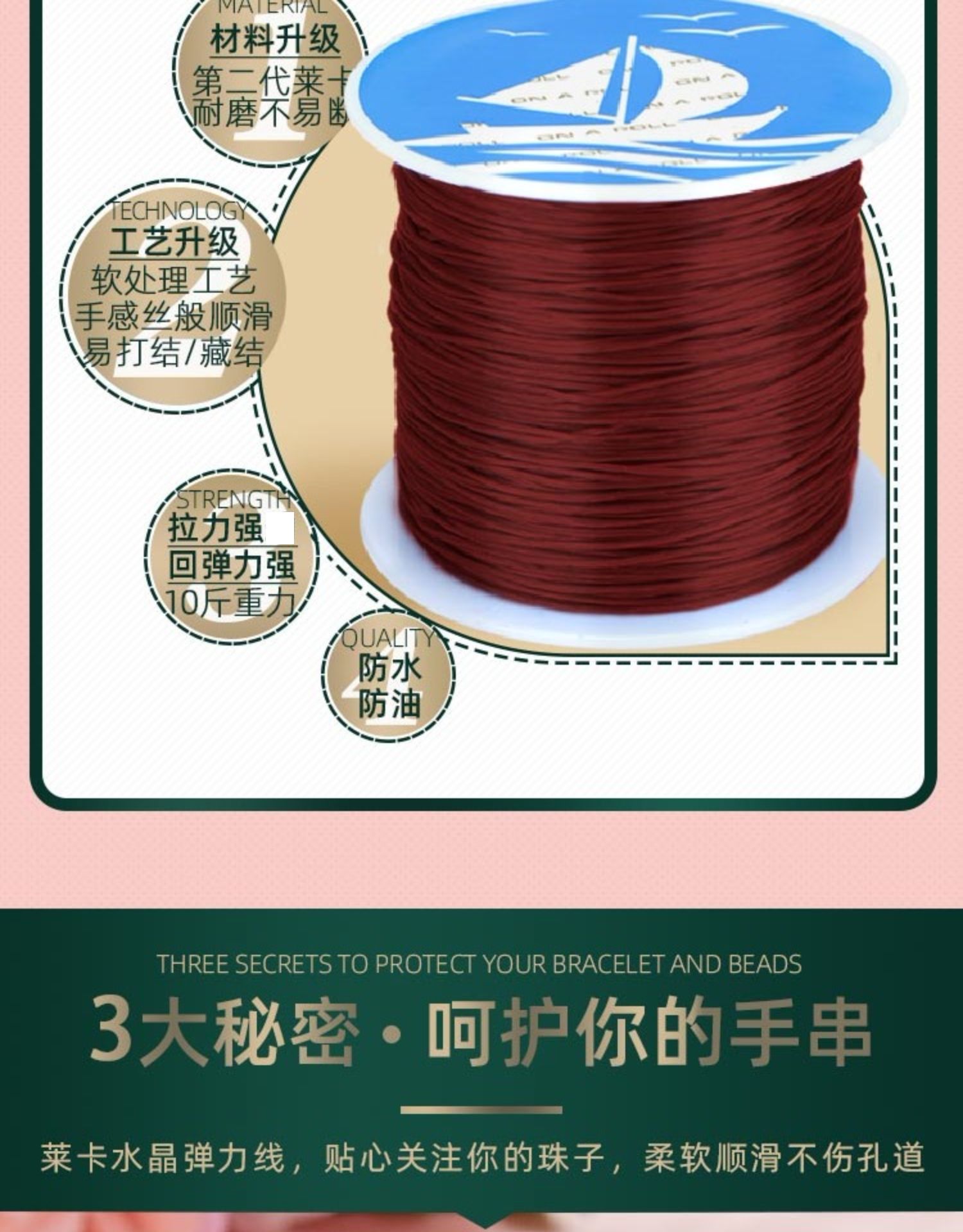 Crystal flat silk, elastic thread, cultural play beads, ox tendon beads, bracelet rope, rubber band bracelet rope, wear-resistant rope pic 3