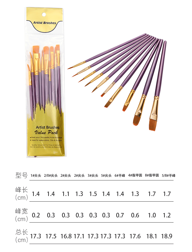 跨境亚马逊儿童美术套装10支塑料长杆水粉丙烯油画画笔尼龙材质DIY绘画工具详情8
