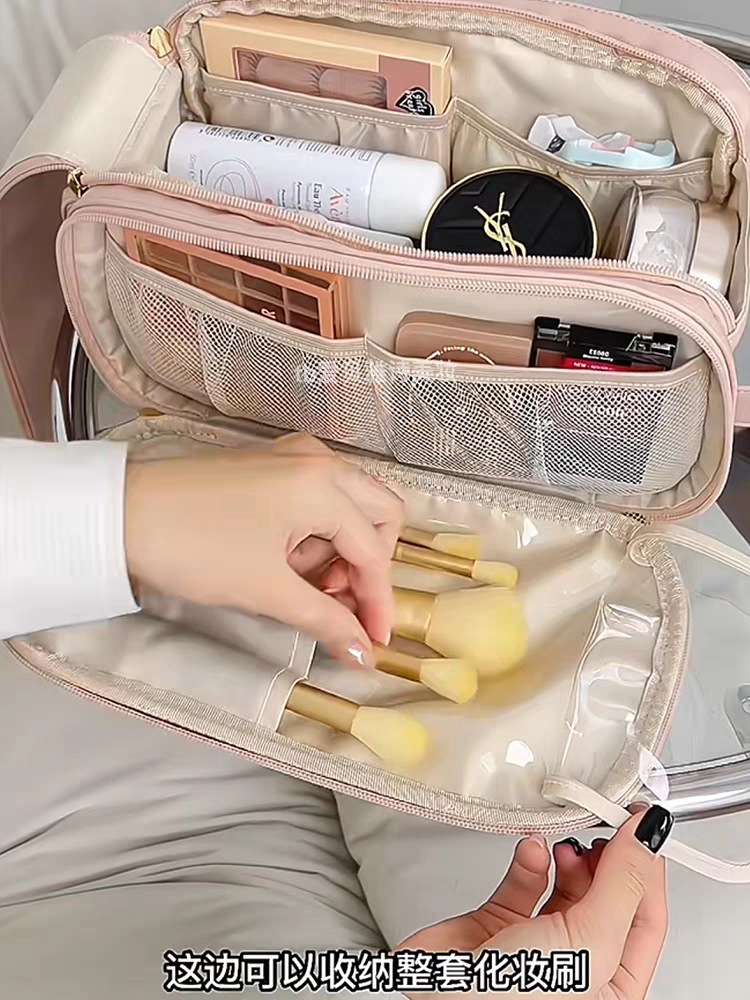 Large-capacity makeup bag, travel double-zipper toiletry bag, new waterproof high-end skin care product box, storage bag, portable for women pic 9