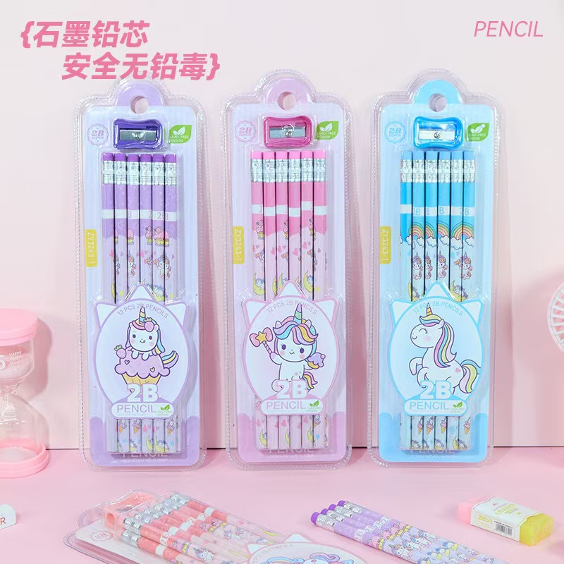 12-piece small leather-tipped pencils with pencil sharpeners, box gift, student graphite core 2B unicorn pencils pic 1