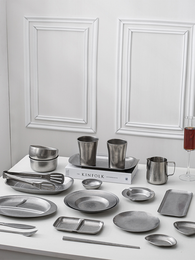 复古304不锈钢餐具 日韩做旧碗水杯骨碟深餐盘筷子长方盘烤肉火锅详情1