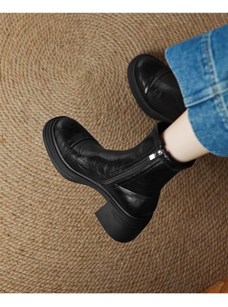 头层牛皮真皮弹力新款瘦瘦靴大码粗跟高跟短靴女秋冬厚底马丁靴详情17