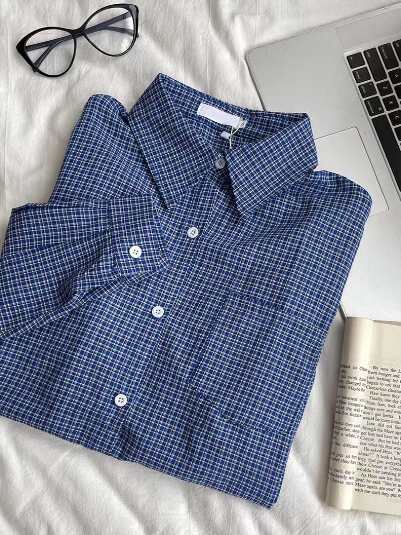 新款美式复古长袖蓝色格子衬衫慵懒宽松显瘦百搭秋季衬衣上衣外套详情7