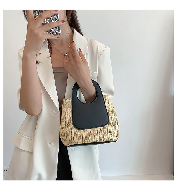 2023夏季复古撞色拼接草编包大容量手工编织包简约时尚单肩手提包详情12