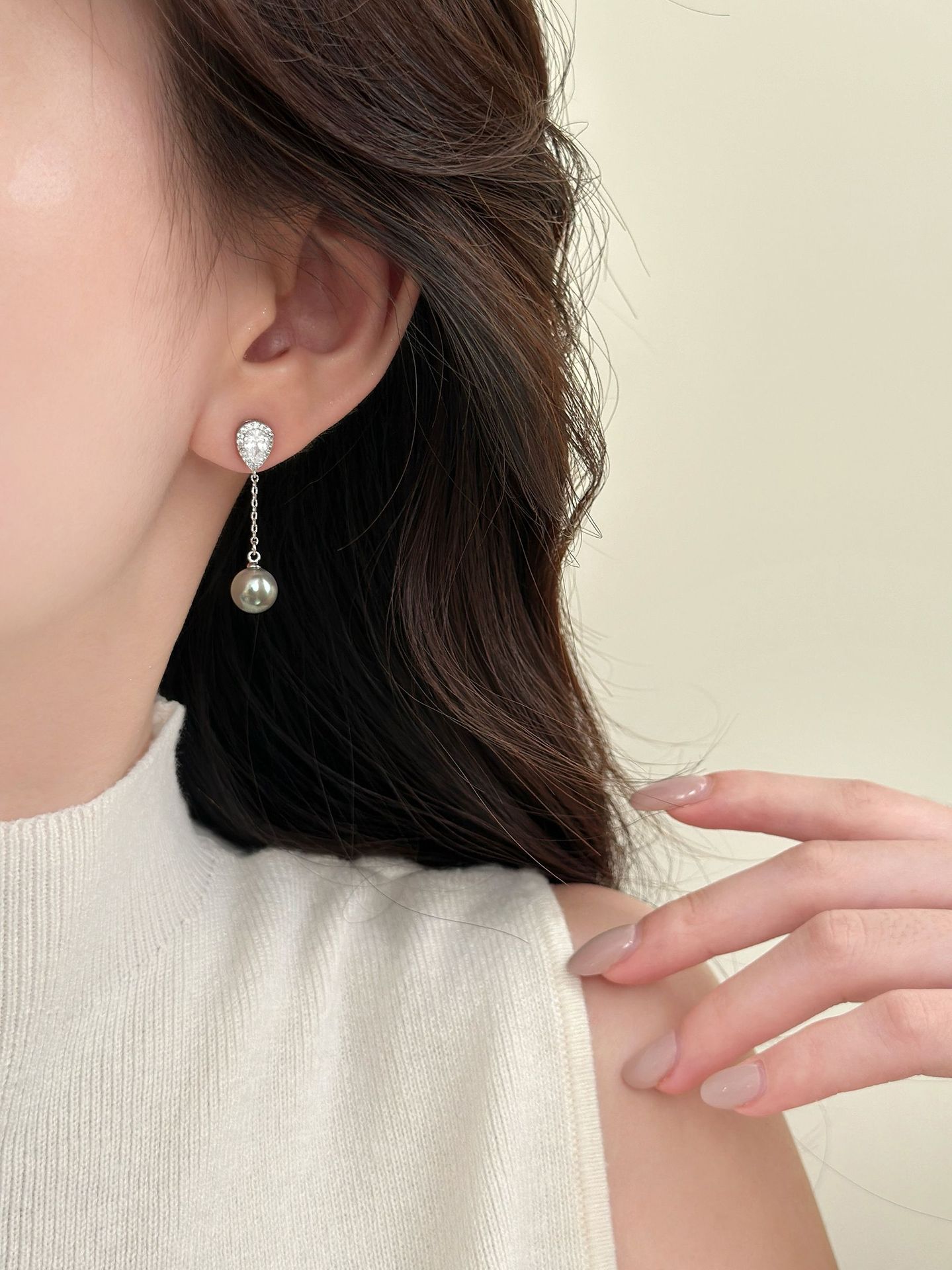 银针轻奢锆石水滴珍珠款流苏耳钉法式气质百搭耳环简约高级感耳饰详情11