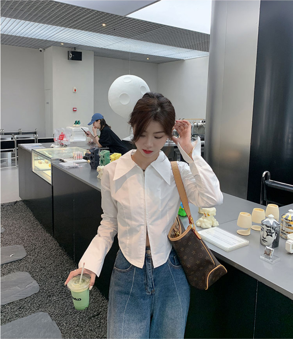 法式气质拉链白色衬衫女春季设计感短款别致上衣内搭打底长袖衬衣详情23