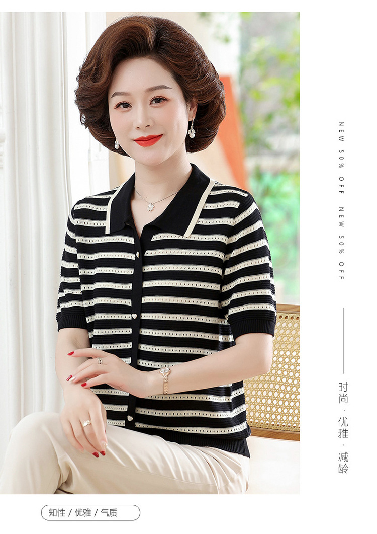 2024新款妈妈夏装短袖T恤中老年女冰丝条纹上衣洋气薄款小衫套装详情15