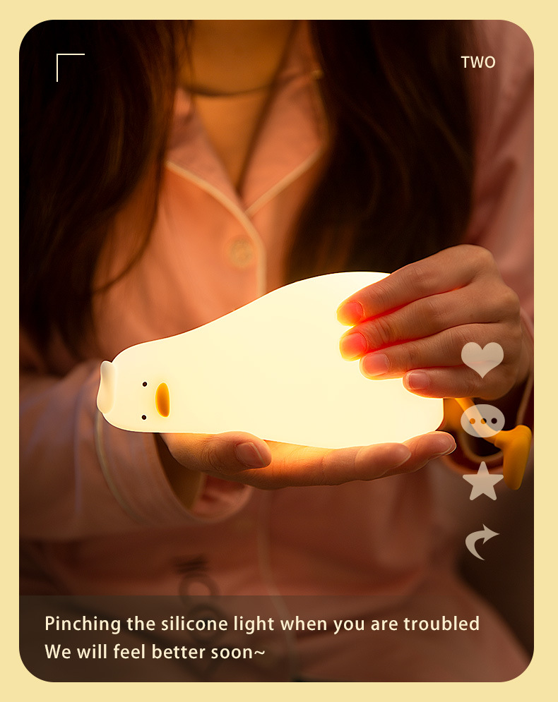 Lying flat Duck night light, patting light, silicone LED, turning duck, charging, bedside companion, mobile phone stand, night light creativity pic 11