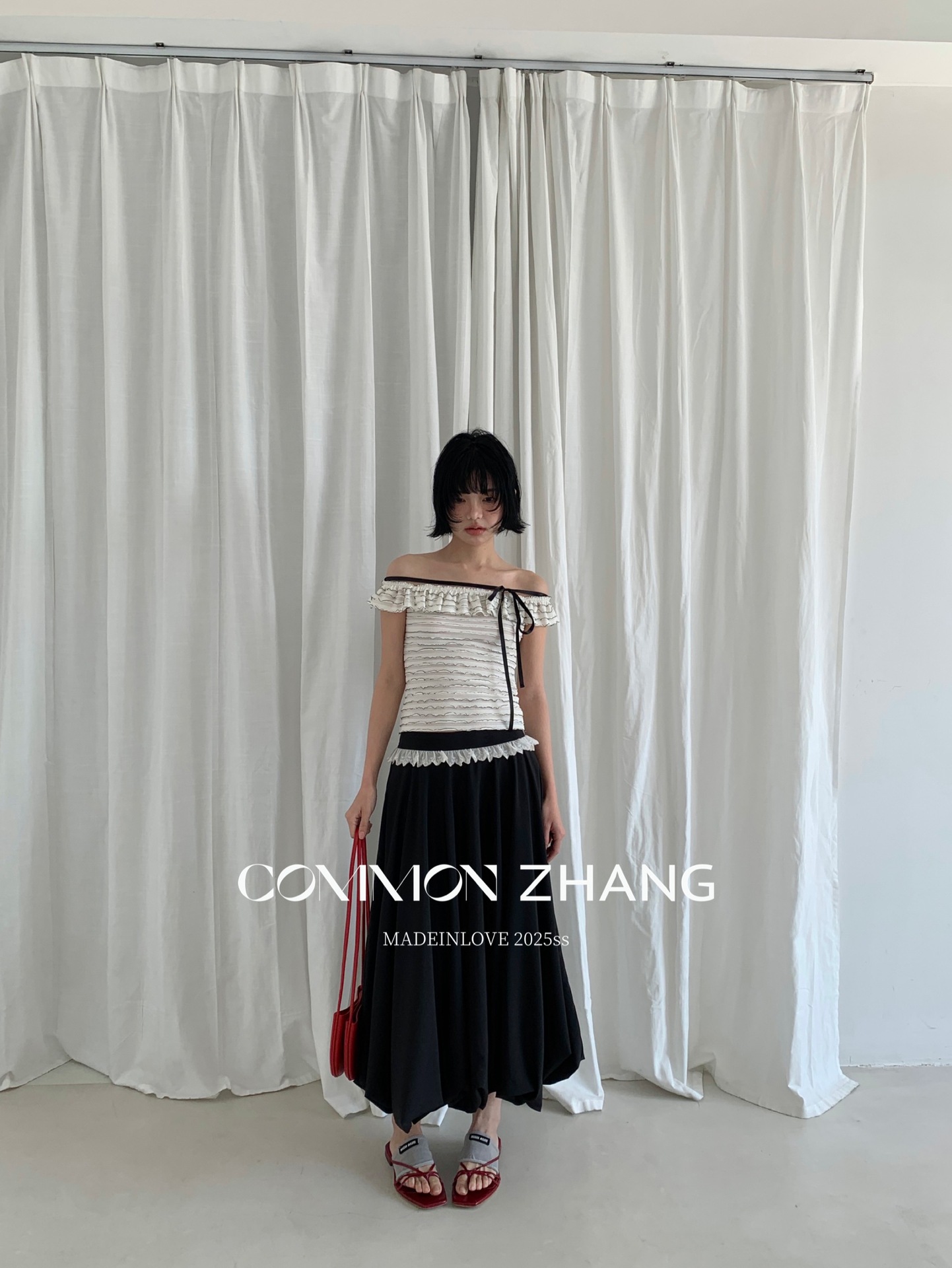 CZ ZHANG Summer French lace one-shoulder off-the-shoulder, contrasting color striped waist-cinching slim shirt B23795 pic 16