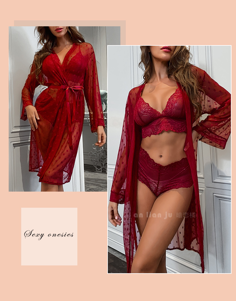 Cross-border foreign trade independent station Sexy mesh see-through pajamas four-piece set Long outer robe bra underwear set 9076 pic 12