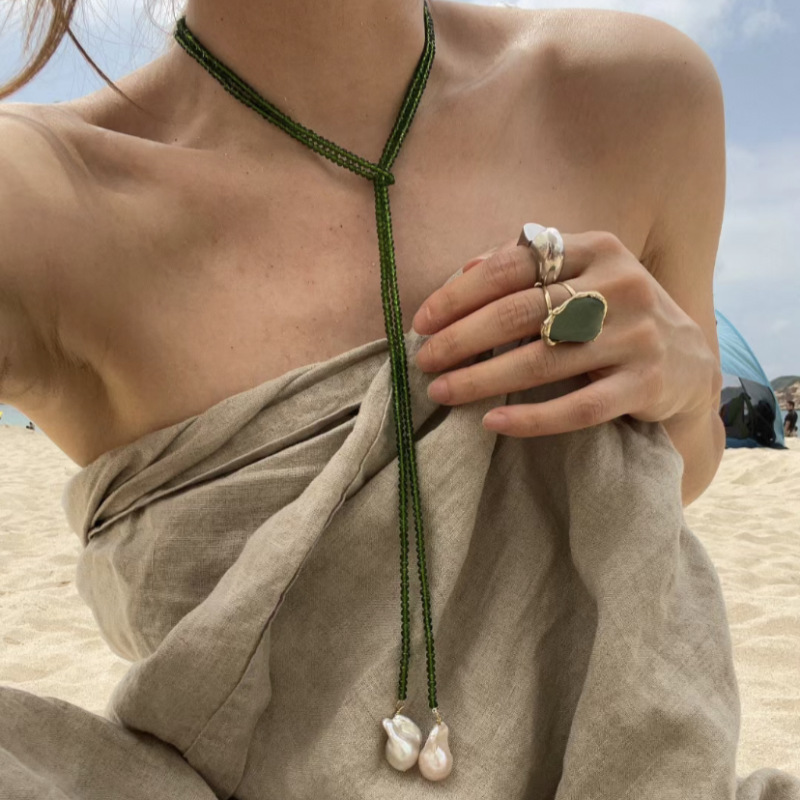 时尚超长珍珠绿尖晶串珠项链女长款毛衣链小众设计感气质颈链配饰详情4