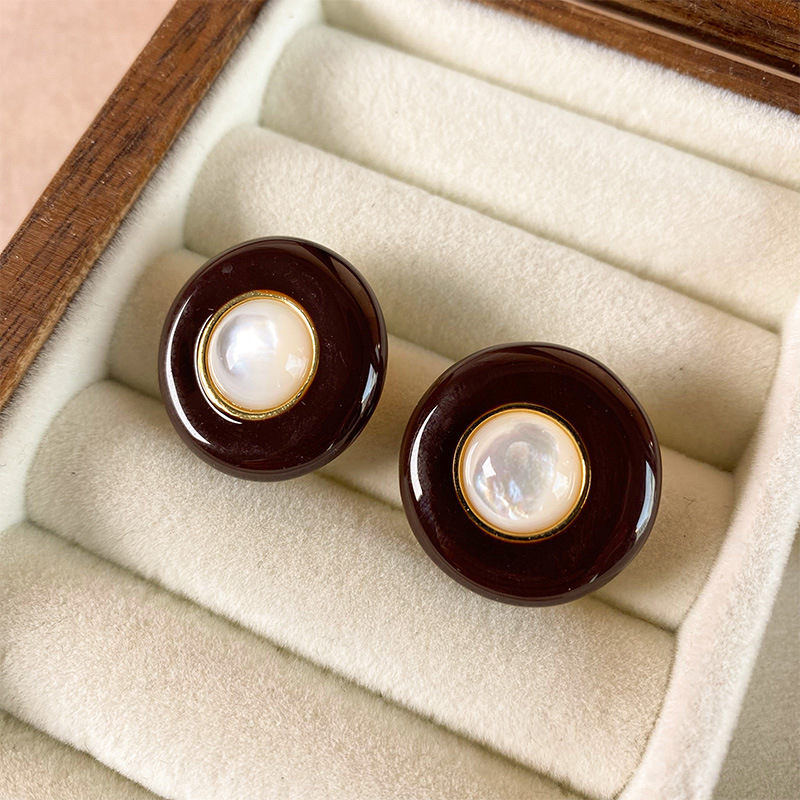 赫本风珐琅彩安哥拉红色绿色圆形珍珠耳钉复古vintage网红爆款详情7