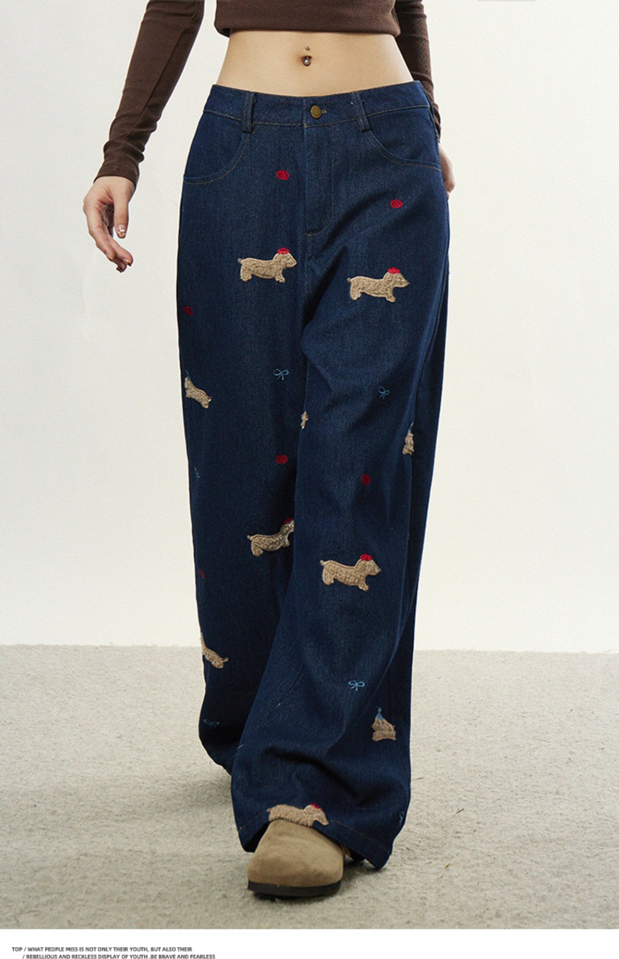 美式复古小狗贴布刺绣牛仔裤男女春秋设计感直筒裤宽松阔腿拖地裤详情5