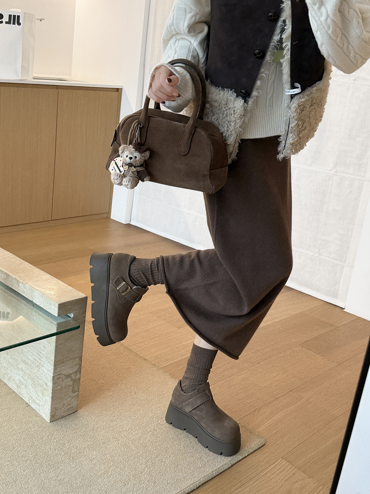 MARCO&JOYCE厚底增高勃肯鞋女冬季新款加绒松糕一脚蹬乐福鞋单鞋详情36