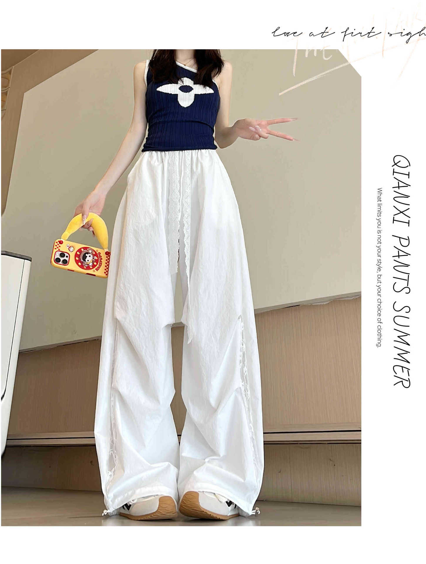 夏季薄款百搭蕾丝工装裤女2025新款镂空拼接宽松阔腿直筒裤子详情1