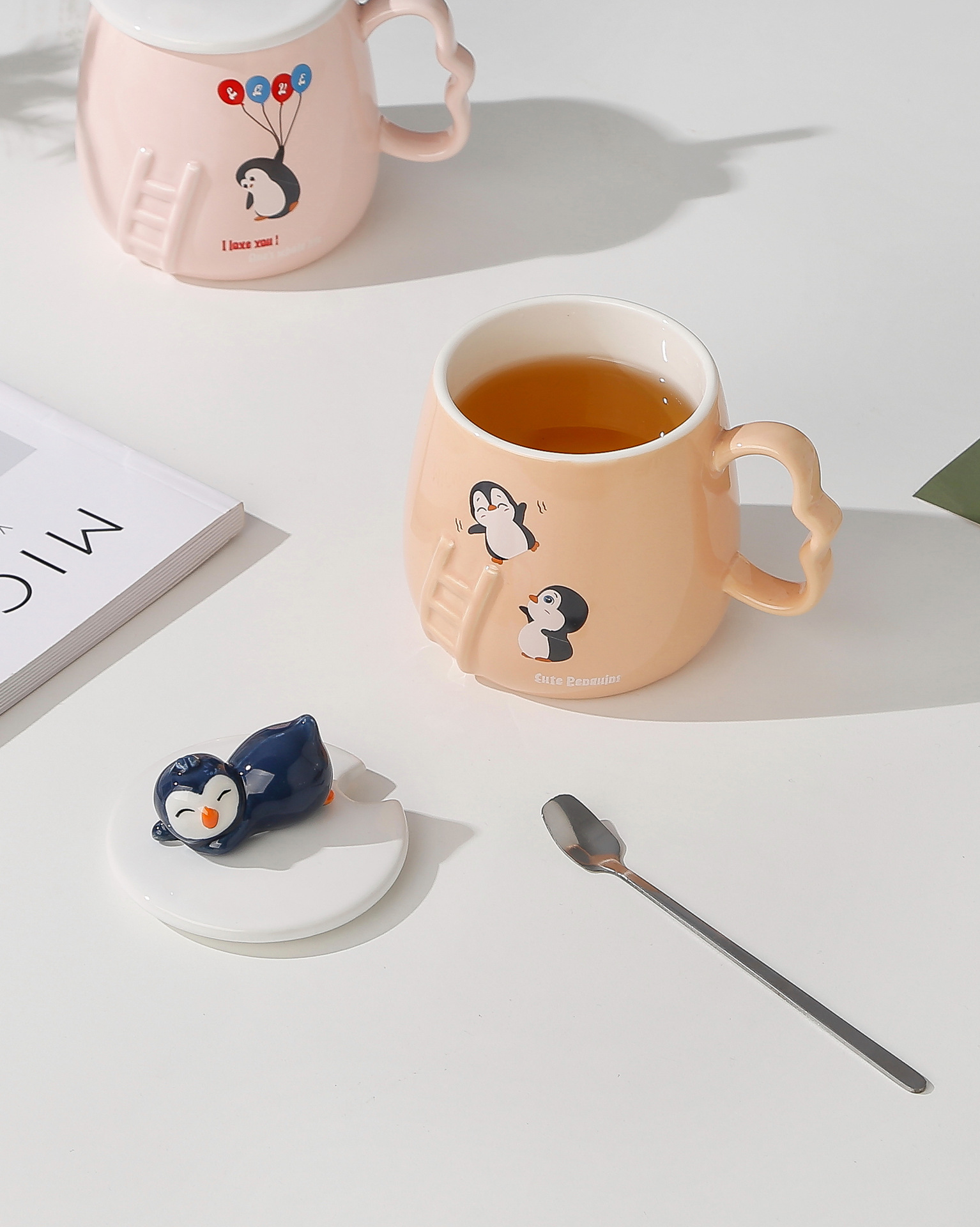 Ceramic cup with lid, creative cartoon three-dimensional relief penguin mug, office home, student gift and souvenir pic 9
