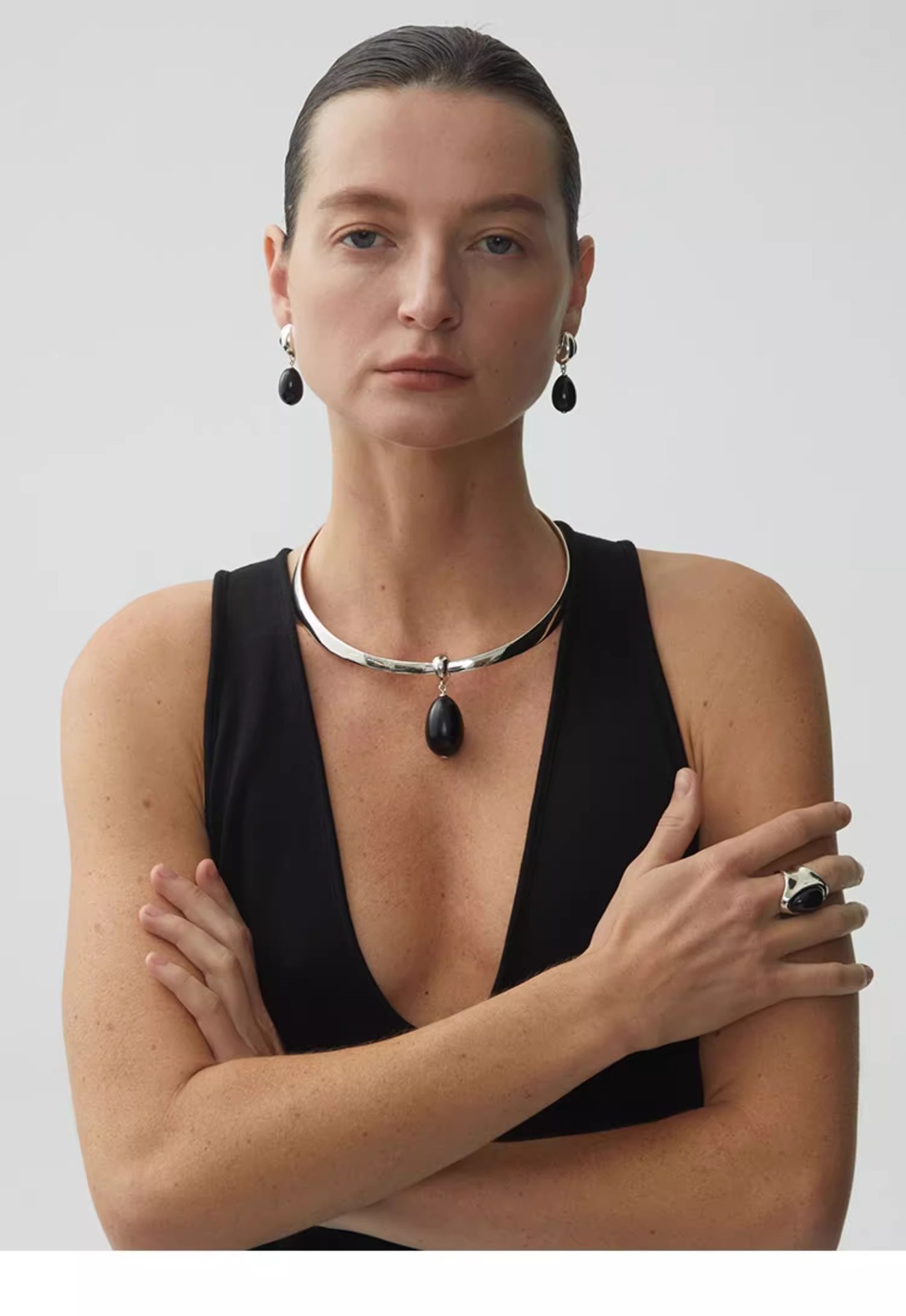 欧美小众复古黑玛瑙水滴项链耳环戒指女大号夸张黑色椭圆形耳钉详情4