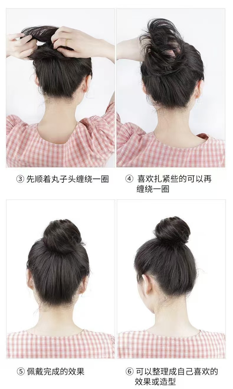 现货批发假发女丸子头单层直发圈头绳仿真发丝化纤发圈假发发圈详情5