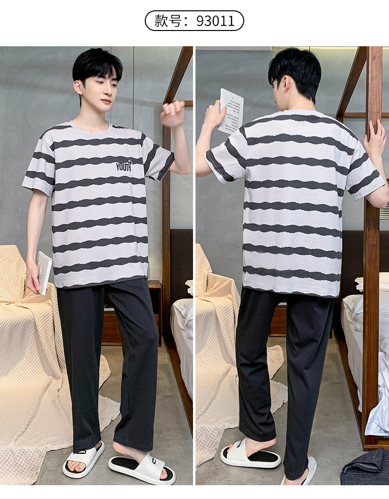 短袖长裤纯棉睡衣男士韩版宽松休闲简约夏天薄款中青年家居服套装详情21