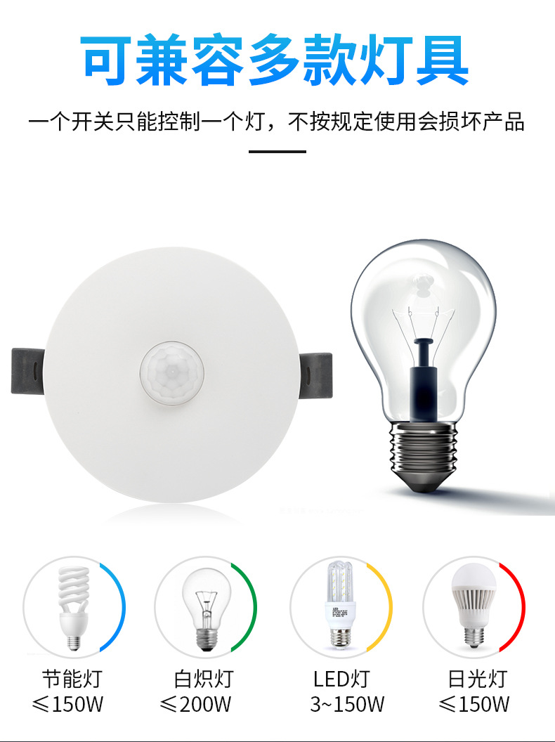 吸顶嵌入式雷达感应延时开关家用工程光控开关红外智能感应开关详情2