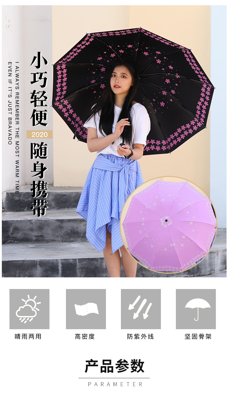 晴雨两用黑胶太阳伞十骨加大双人伞防晒防紫外线小清新遮阳雨伞女详情2