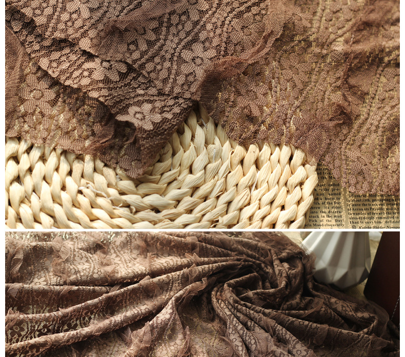 Lace wavy curved mesh fabric with black ear edge embroidery, small flower striped hook embroidery spring and summer forest-themed fabric in stock pic 15