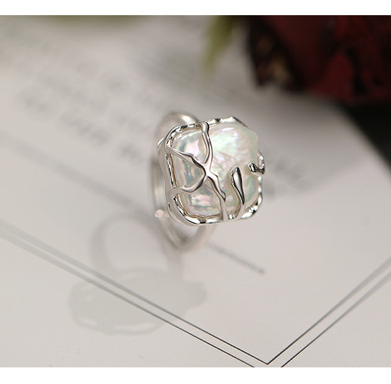 Cross-border niche design light luxury S925 sterling silver ring for women, Baroque pearl square opening ring accessory pic 19