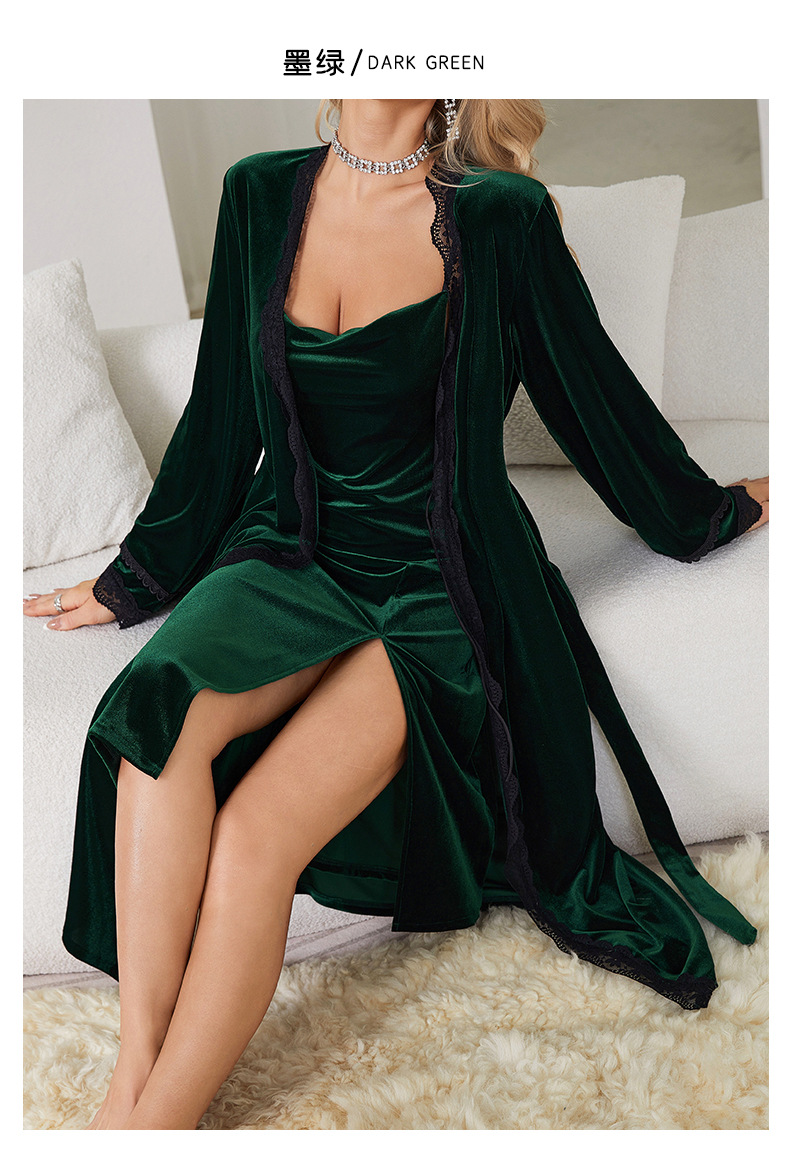 Feiyun European and American style sexy slit pure backless velvet sweet nightgown Simple outer robe Home set 651 pic 13