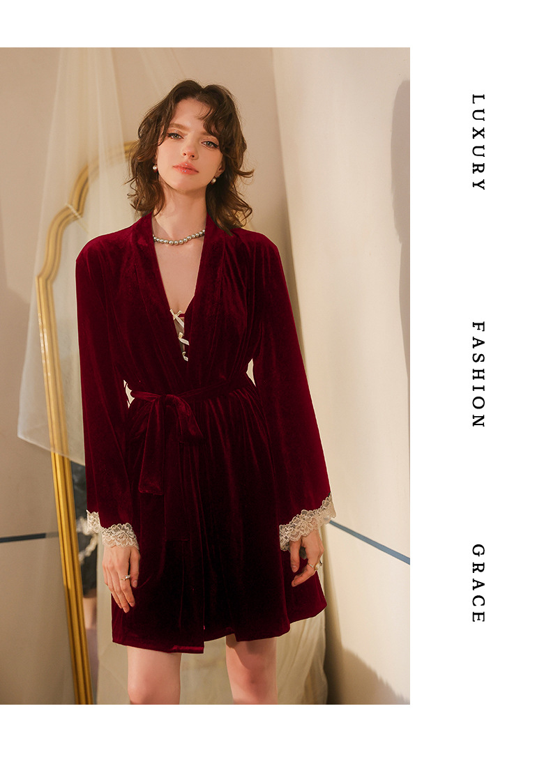 Feiyun velvet lace patchwork retro sexy pajama set, halter dress and outer robe two-piece set, available in multiple colors, 777 pic 10