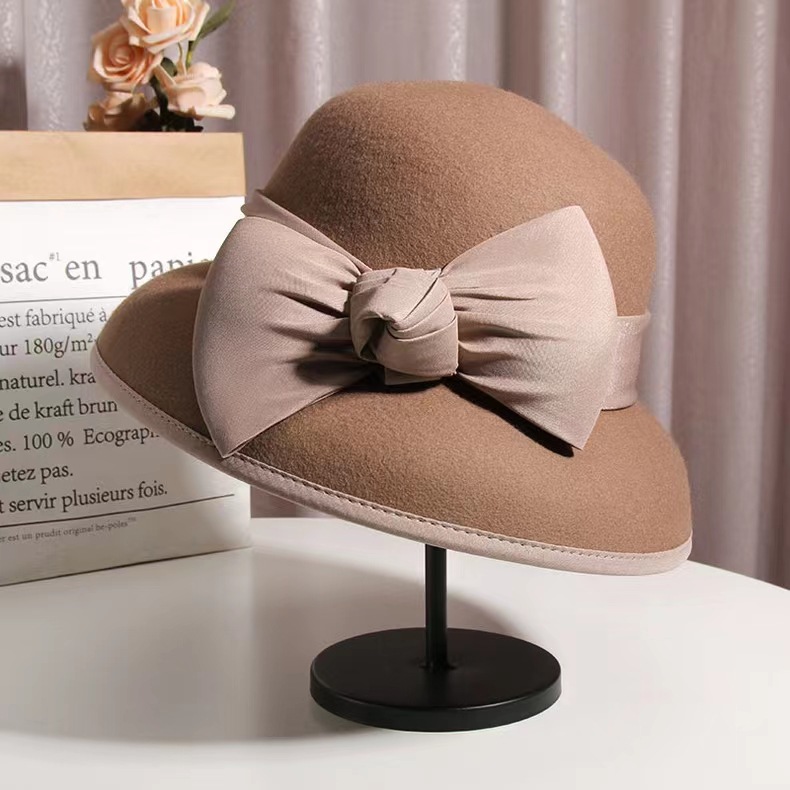 法式赫本风优雅蝴蝶结钟形盆帽渔夫帽英伦复古绵羊毛礼帽 WHZM08详情4