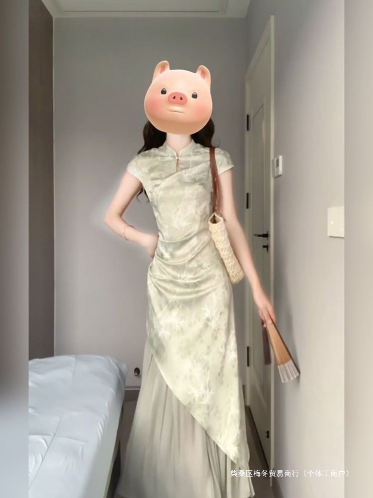 胖mm新中式优雅气质旗袍连衣裙女假两件修身长裙文艺复古立领详情11