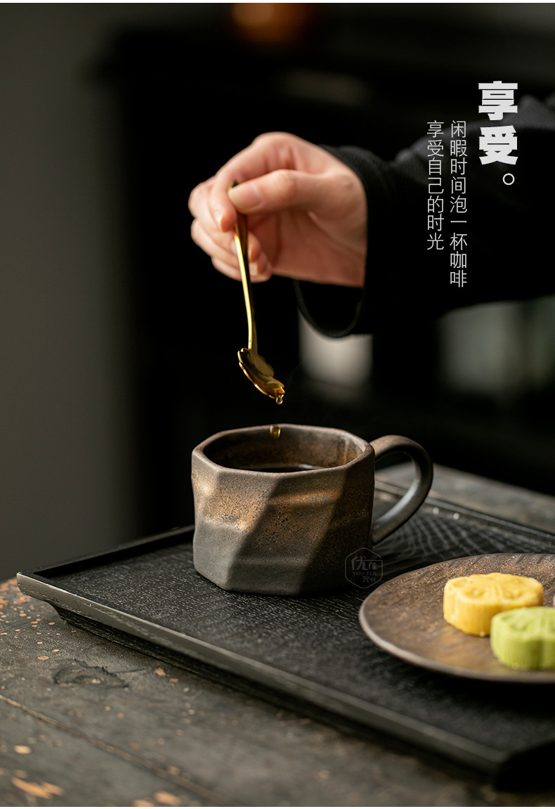 复古鎏金咖啡杯碟套装创意粗陶拉花杯子家用高档精致马克杯早餐杯详情8