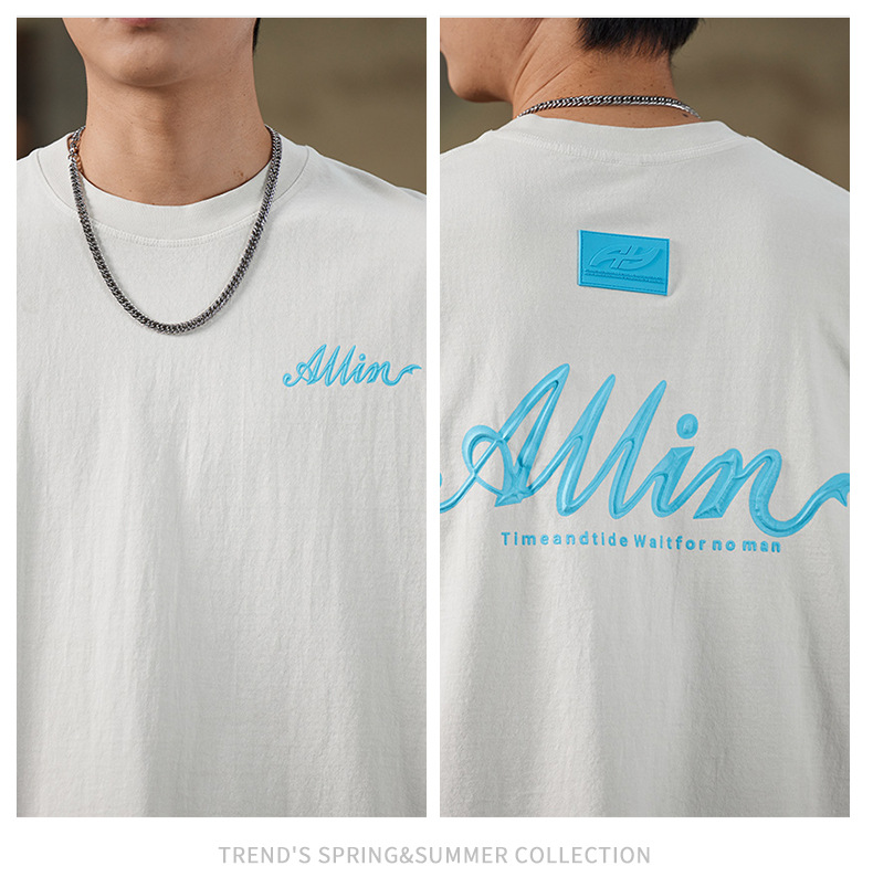 ALLIN pure cotton heavy-duty short-sleeved T-shirt for men, a summer trendy brand with three-dimensional printed letters and loose round-neck couple tops pic 24