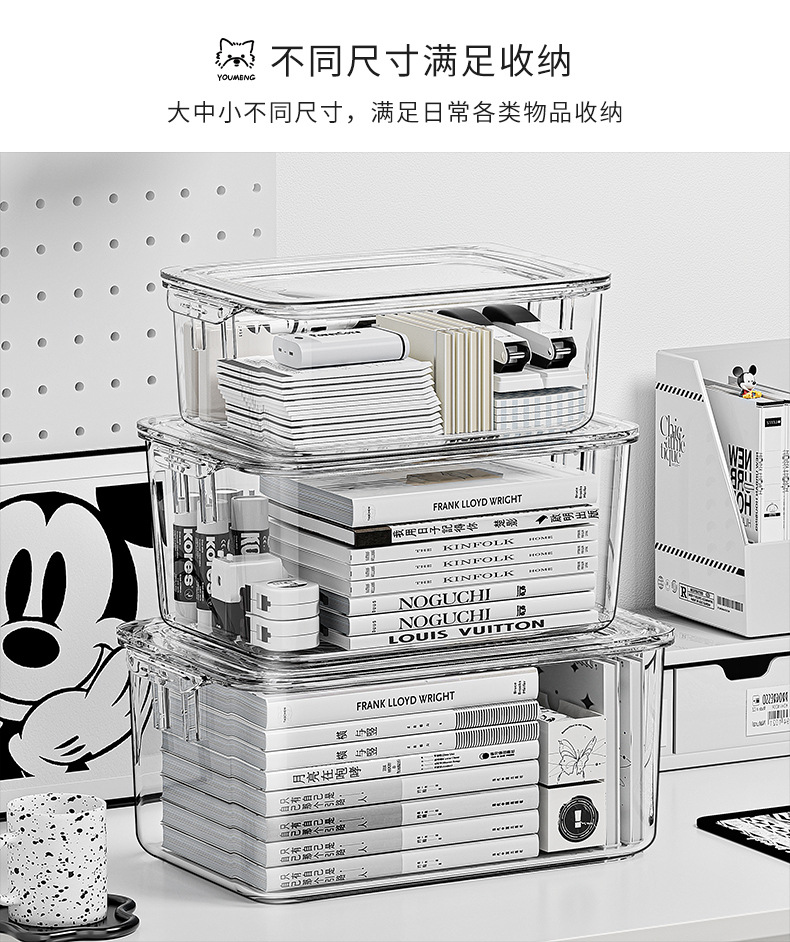 桌面收纳盒亚克力透明防尘带盖整理箱办公室桌文具书桌小杂物盒子详情8