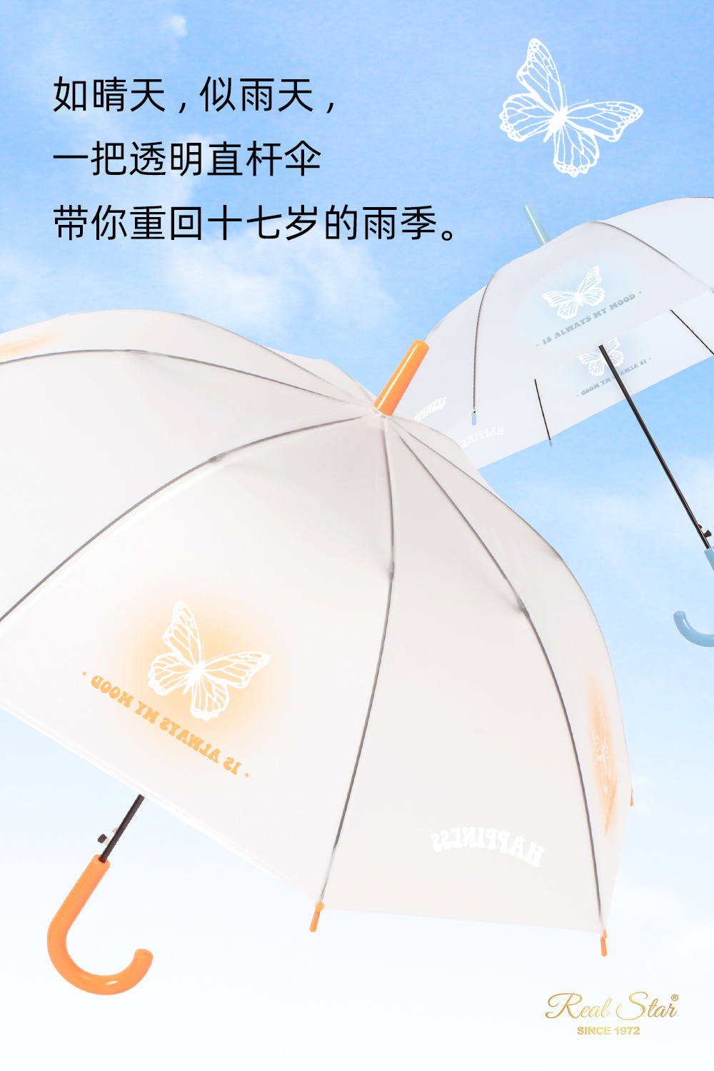 新款蝴蝶图案透明塑料雨伞长柄伞批发磨砂POE伞少女时尚伞详情2