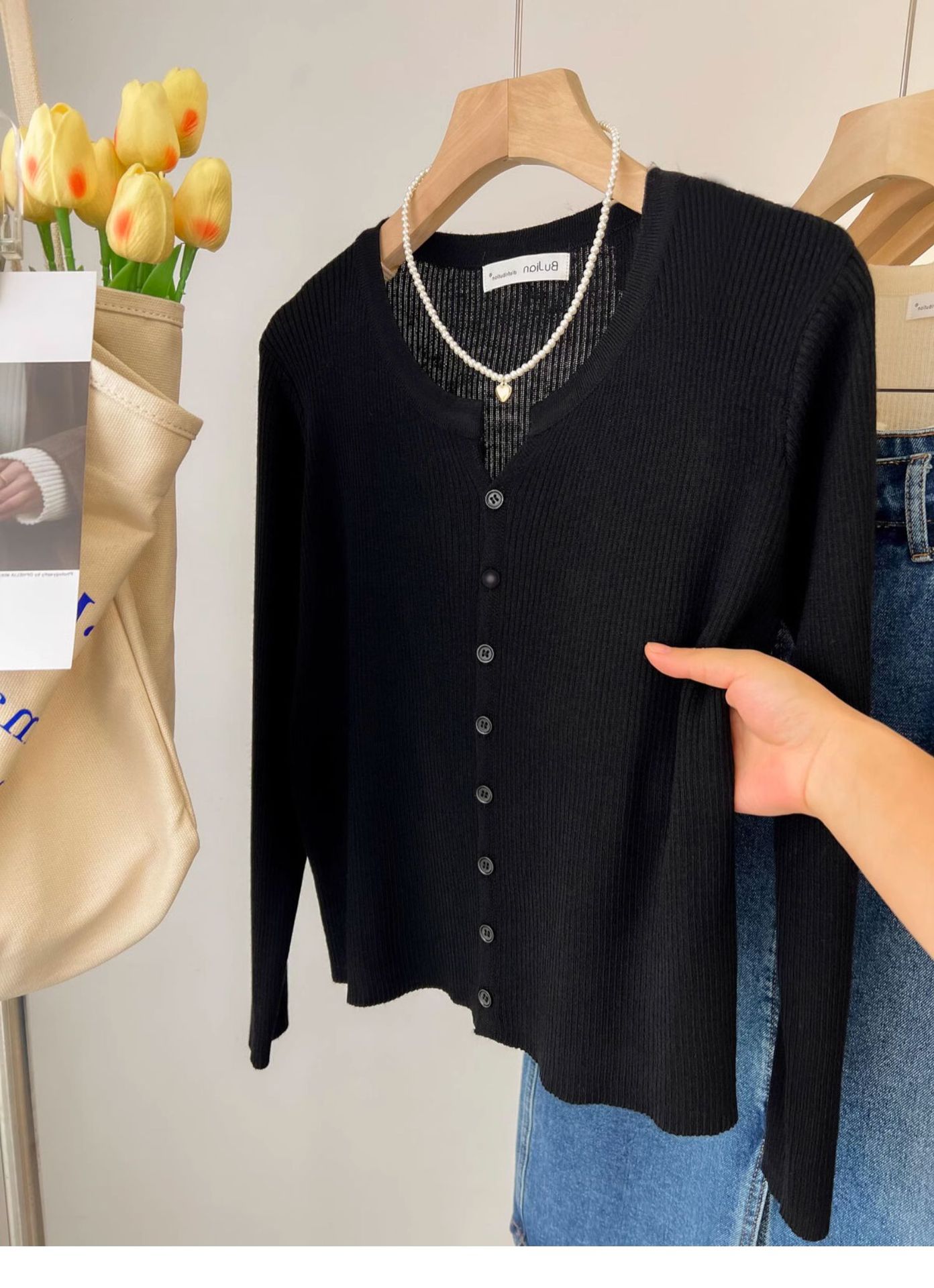 A short woolen cream-colored knitted coat for women, a long-sleeved cardigan for spring and autumn, and a chanel-style innerwear with a base layer pic 29