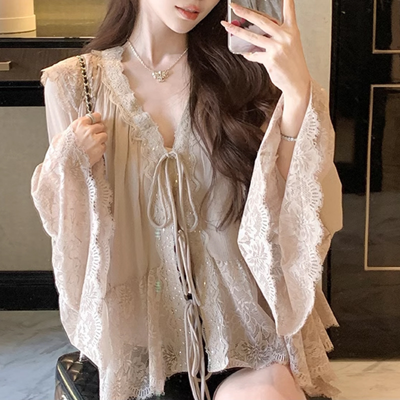 新中式【少女双调】2025新款春装气质雪纺衫小衫长袖蕾丝衬衫女百搭上衣详情4