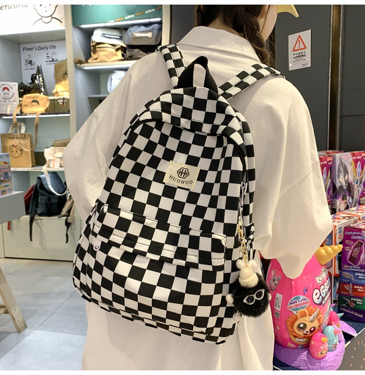 韩版港风复古双肩包休闲格子学生上课书包百搭撞色字母收纳背包女详情15