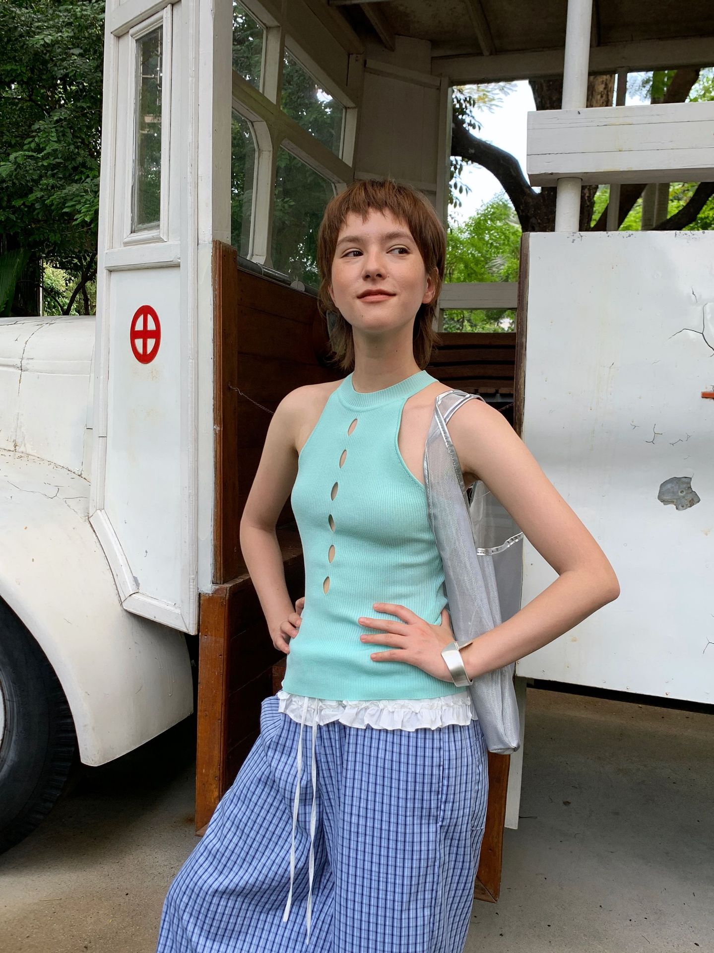 UNITY MODE Sweet and cool Tencel cut-out stand-up collar vest for summer girls, slimming and form-fitting sweater pic 34