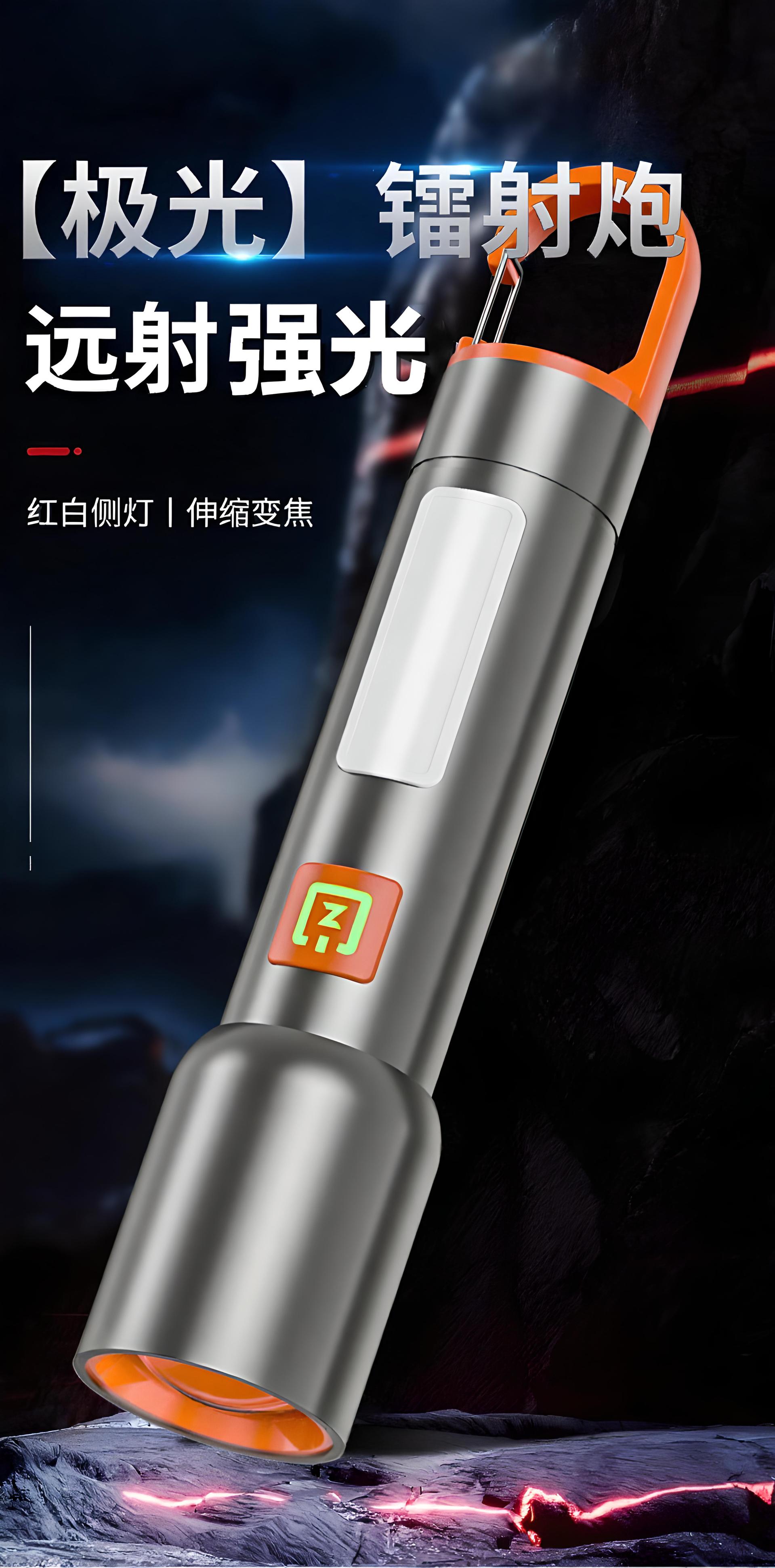 新款白红蓝三光源led手电筒强光远射长续航cob侧灯带挂钩充电手电详情2