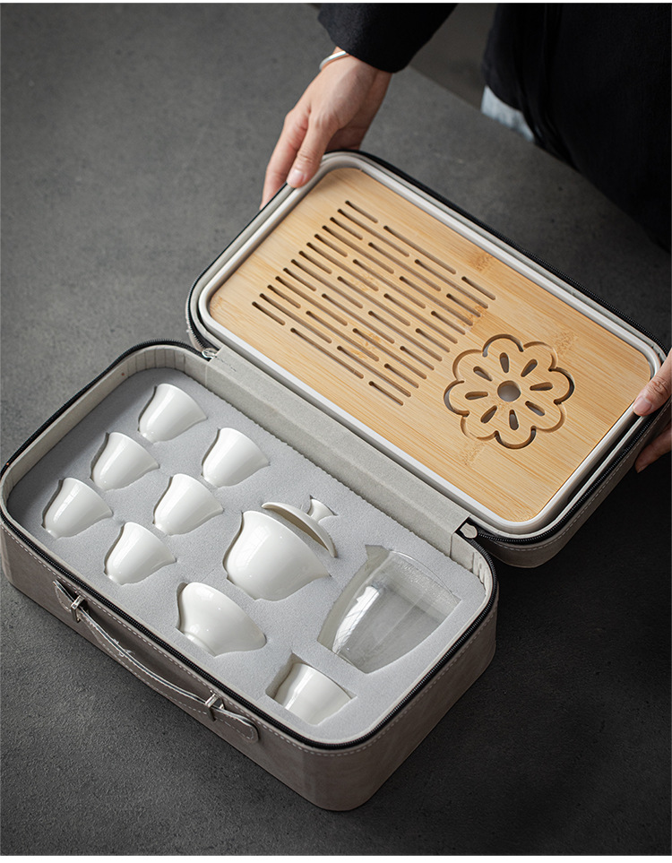Dehua White Porcelain Kung Fu Travel Tea Set Company Annual Meeting Gift printed covered bowl Tea Cup with tea tray small set pic 3