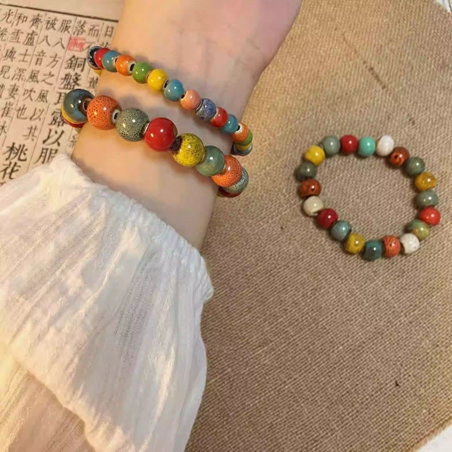 多巴胺彩色陶瓷串珠手錬女小众设计波西米亚手串气质弹力叠戴手饰详情2