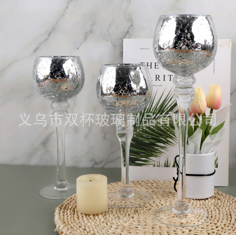 Electroplated broken gold glass candlesticks, hand-blown glass handicrafts in stock, three-piece set of European-style restaurant high-legged candlesticks pic 8
