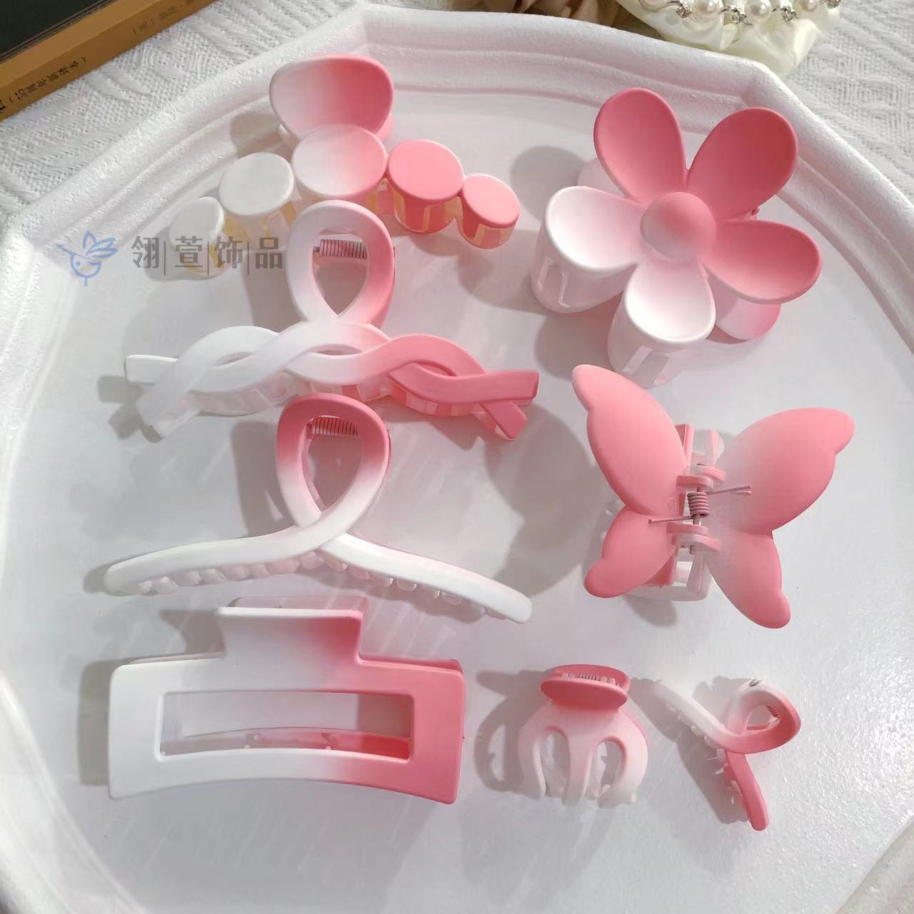 跨境少女粉渐变色八件套抓夹新款后脑勺鲨鱼夹夏季盘发大号发卡详情4