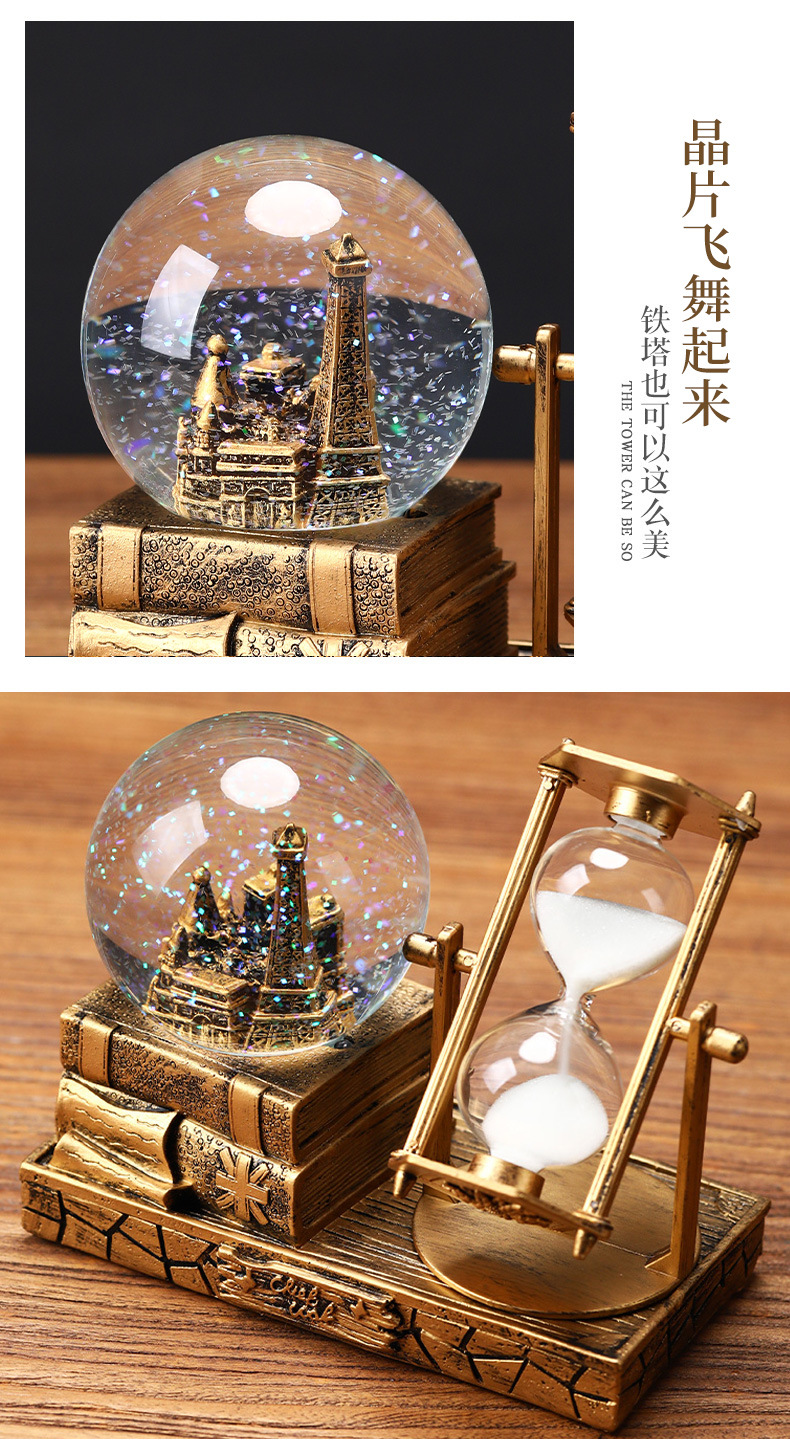 复古铁塔沙漏计时器水晶球八音盒发光桌面摆件学生毕业圣诞节礼物详情6