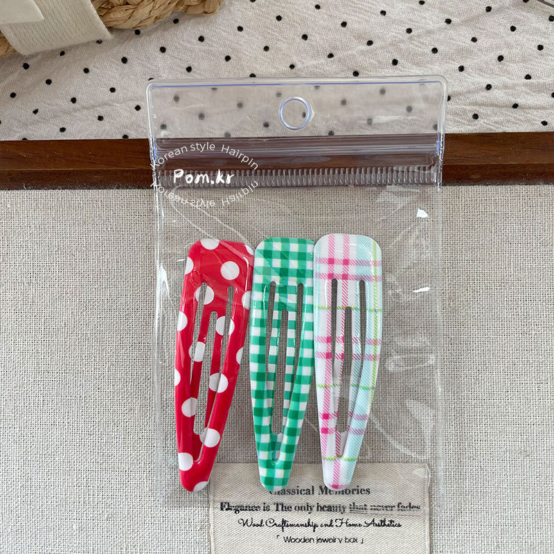 新款韩版水滴波点少女前额碎发夹袋装格纹儿童彩色侧边掰掰夹发饰详情8