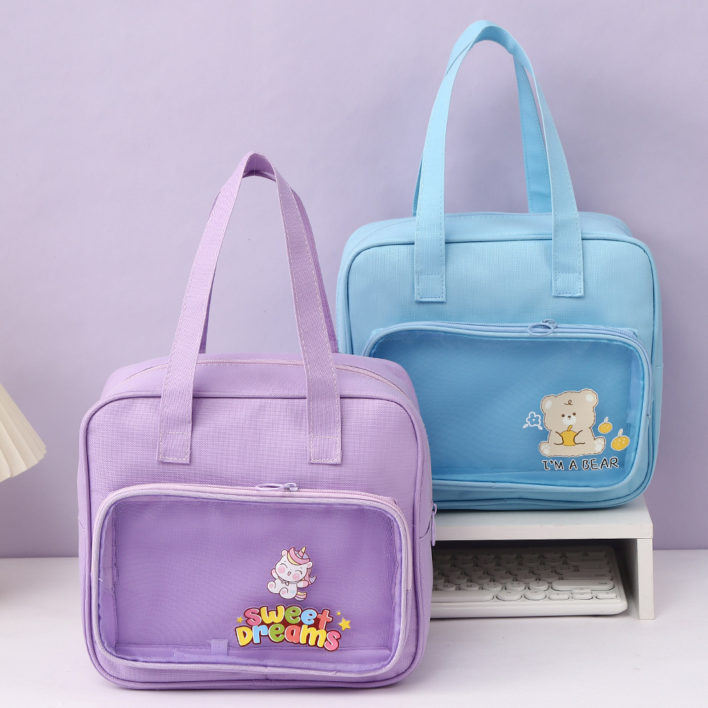 Light-colored cartoon bear printed student tutorial file bag, junior high school study handbag, tutorial Oxford cloth zipper bag pic 2